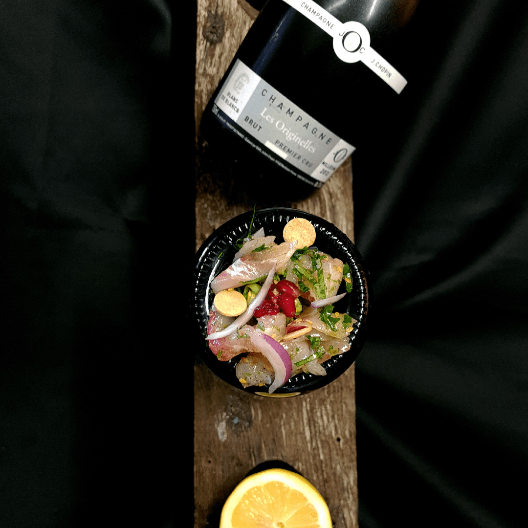 Sea-beam ceviche with champagne blanc de blanc from Julien Chopin